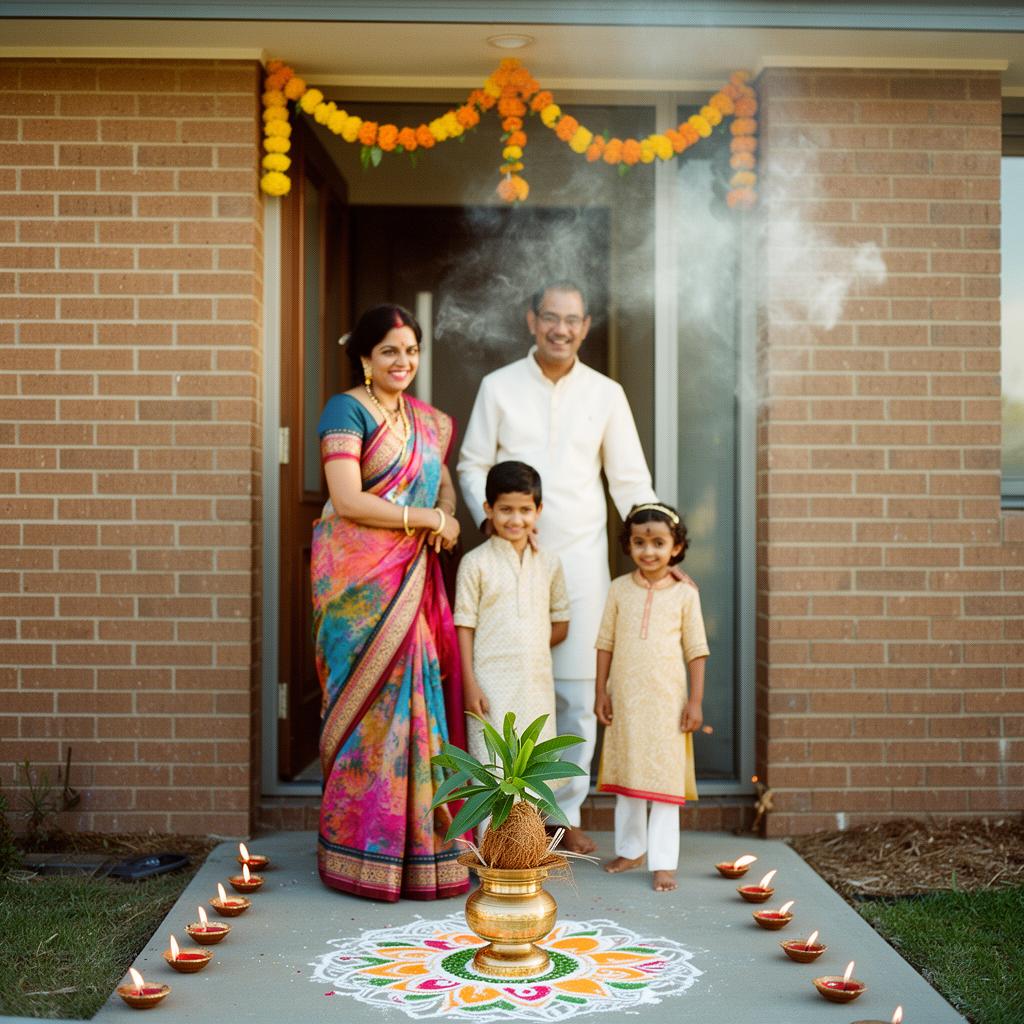 Hindu family with children participating in a Griha Pravesh ceremony at their new Melbourne home