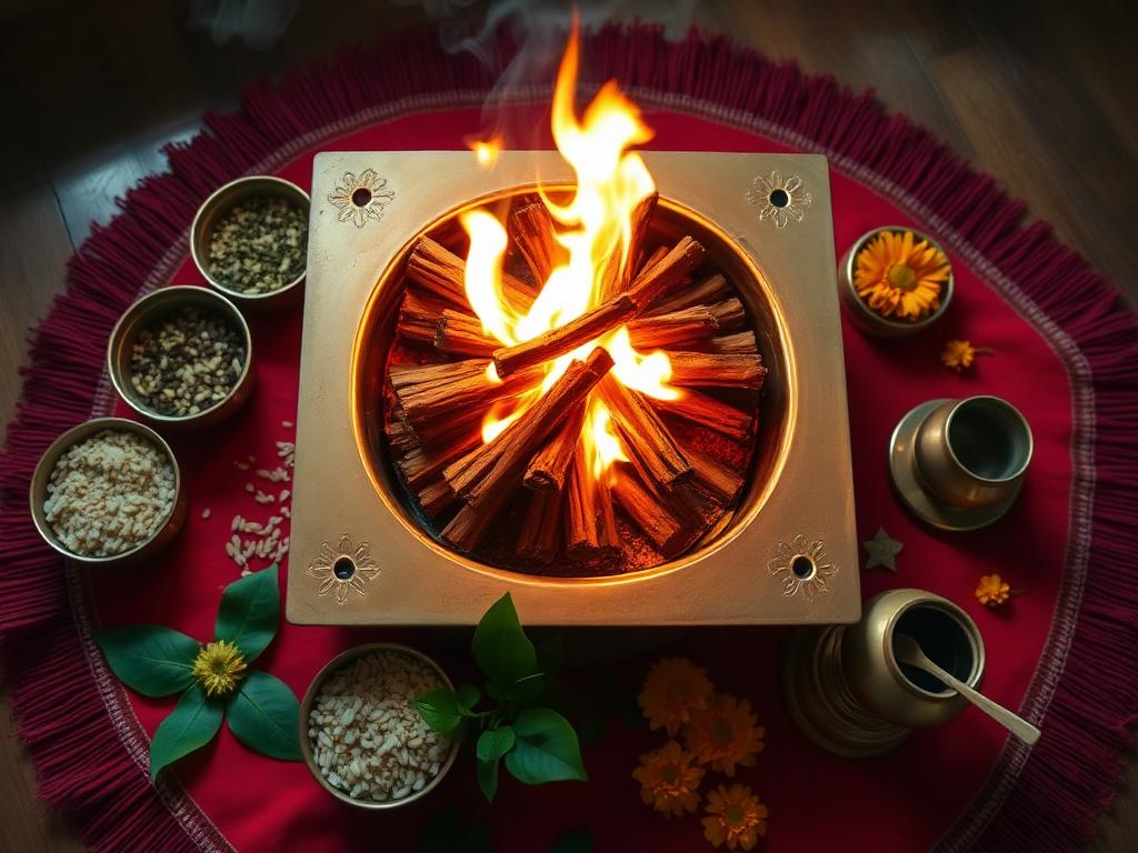 Family seated around a havan kund offering ghee during a Vedic yagya ceremony