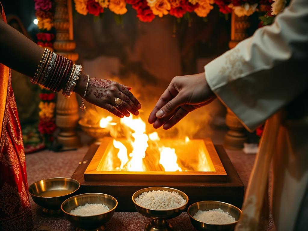 Bride and groom participating in a traditional Hindu wedding ceremony around the sacred fire